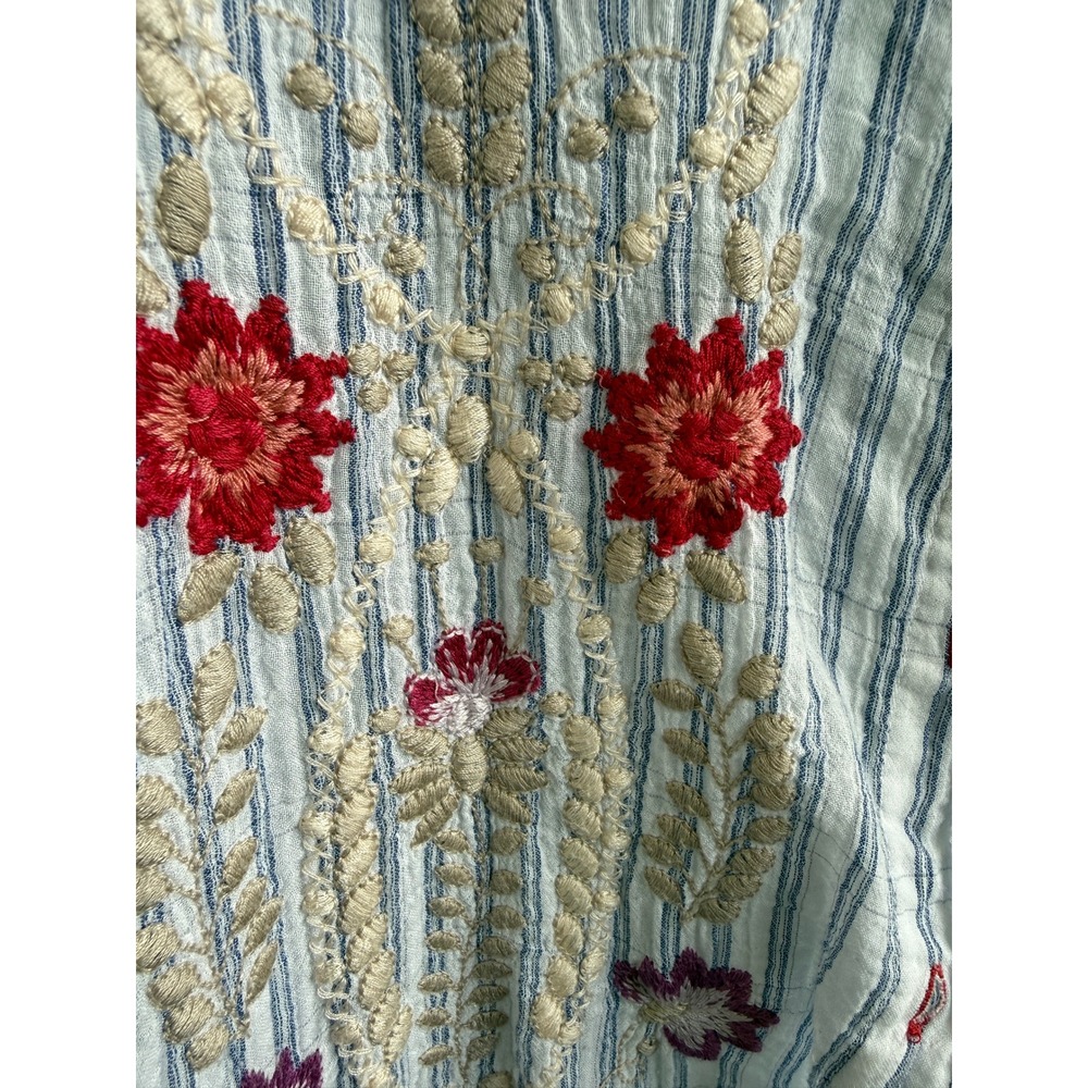 Johnny Was 3J Workshop Blue Striped Floral Embroidered Shirt XS Boho Whimsical - Picture 5 of 10